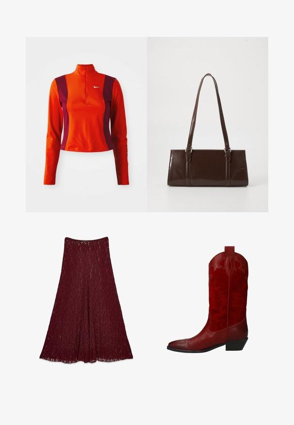 Haut à manches longues rouge et violet avec une fermeture éclair quart, présentant un logo Nike sur la poitrine et un design ajusté avec une texture lisse.; Longue jupe en dentelle bordeaux avec une silhouette en A et un motif floral semi-transparent.; Botte de cowboy rouge en cuir lisse et en daim texturé, avec des coutures décoratives et un talon bas.; Sac à main en cuir verni marron de forme rectangulaire, avec deux longues poignées et des accents courbés subtils à l'avant.