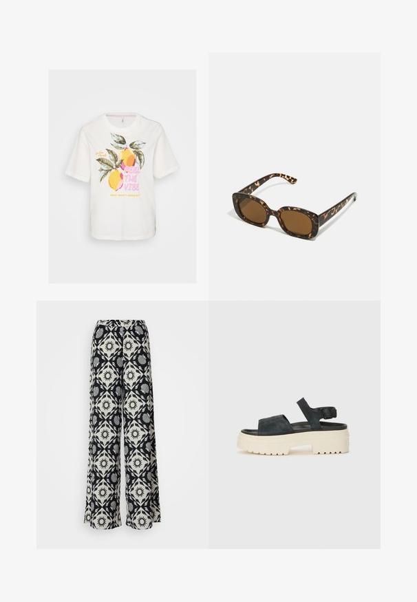 Biela bavlnená tričko s krátkymi rukávmi, ktoré obsahuje grafický potlač citrónov a listov, s textom "POCITEJ ATMOSFÉRU" v ružovej a žltej farbe.; Široké nohavice s čierno-bielym vzorom a motívmi slnka a mušlí. Vyrobené z ľahkej látky s pohodlným pásom.; Čierne zamšové platformové sandále s hrubou bielou podrážkou, širokým predným remienkom a nastaviteľným členkovým zapínaním. Textúrovaná podrážka pre lepšiu priľnavosť.; Slnečné okuliare v tortoiseshell štýle s okrúhlym, robustným rámom a hnedými šošovkami. Má jemné vzory a rovné, zoštíhlené ramená.