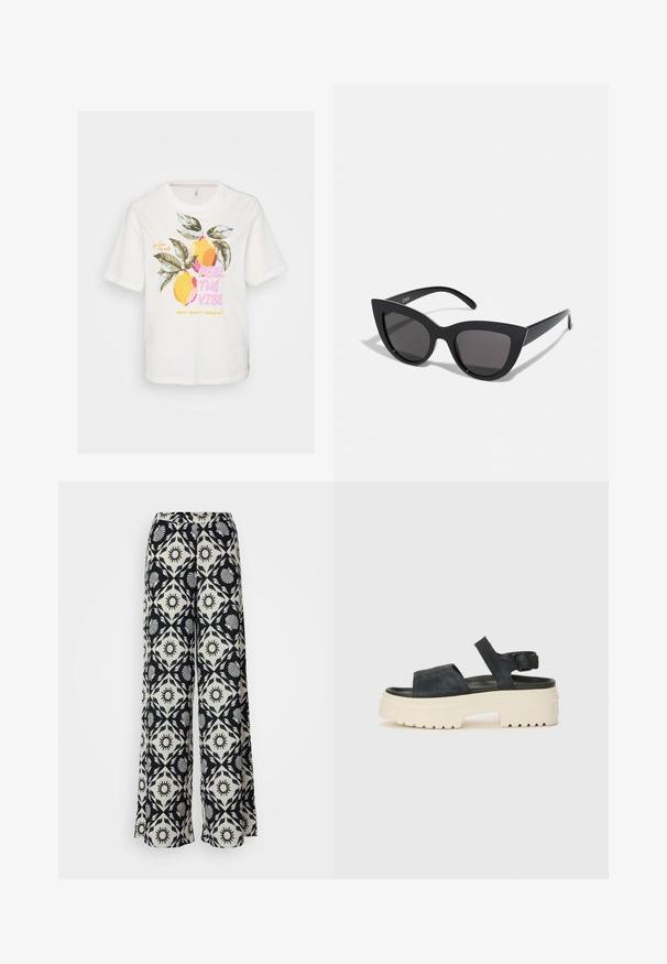 Valge puuvillane T-särk lühikeste varrukatega, millel on graafiline trükk sidrunitest ja lehtedest, koos tekstiga "FEEL THE VIBE" roosa ja kollase värviga.; Laiad püksid, millel on must-valge muster, millel on päikese ja kestade motiivid. Valmistatud kergetest kangast, millel on mugav vöökoht.; Mustad musta sametist platvormsandaalid, millel on paks valge tald, lai esirihm ja reguleeritav pahkluu nööpe. Tekstureeritud tallad haardevad.; Mustad mustakate silmade prillid, millel on matt viimistlus, hallist toonitud läätsed, teravad nurgad ja stiilsed küljed. Brändi nimi on nähtav siseküljel.