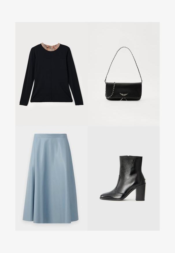 Fekete, hosszú ujjú felső, kerek kivágással, melynek gallérján színes csíkos díszítés található. Simaszerkezetű anyag, laza szabású.; Egy világoskék, bővülő szoknya sima anyagból, minimalista dizájnnal, tiszta derékvonallal és látható kötésekkel nélkül.; Fekete bőr bokacipő sima textúrával, hegyes orral és vastag, magas sarkával. Oldalnyílással és minimalista dizájnnal rendelkezik.; Fekete bőrtáska ezüstlánc pánttal, díszes szárnyakkal és fehér varrással az alsó varrat mentén.