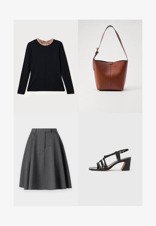 Black long-sleeve top with a round neckline featuring a multicolored striped accent at the collar. Smooth fabric with a relaxed fit.; Gray pleated skirt with a high waist, made of textured fabric, flaring out from the waist, featuring a classic design and clean lines.; Paul Smith AMIRA - Classic heels - black; Brown leather shoulder bag with a curved shape, smooth texture, and a single thin strap. Features a subtle seam and a small logo detail.