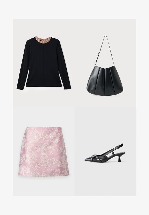 Schwarzes Langarmshirt mit rundem Ausschnitt, ausgestattet mit einem mehrfarbigen gestreiften Akzent am Kragen. Glattes Material mit lässiger Passform.; iBlues CAIRO - Minirock - rosa; Schwarzer Leder-Slingback-Schuh mit spitz zulaufender Zehenpartie, dekorativen Riemen mit METALLÖSEN und niedrigem Blockabsatz. Strukturelle Oberfläche.; Schwarze Leder-Umhängetasche mit plissierter Gestaltung, glatter Textur, einem einzelnen Tragegurt und einem dezenten goldenen Hardware-Akzent.