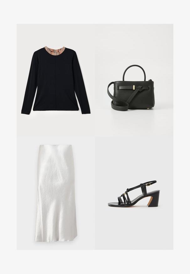 Juodas ilgomis rankovėmis marškinėliai su apvaliu iškirpimu, kurių apykaklė puošia spalvota raištelių juosta. Lygi medžiaga ir laisvas siluetas.; Balta satino midi sijonas su subtiliu raukšlėtu tekstūru, šiek tiek išsiplėtusiu dizainu ir lygiu paviršiumi, su paslėptu juosmens diržu.; Paul Smith AMIRA - Klasikiniai aukštakulniai - black; Juodas odinis rankinė su tekstūruotu paviršiumi, viršutiniais rankenėlėmis ir ilgu reguliuojamu diržu. Priekyje turi auksinės spalvos apdailą.