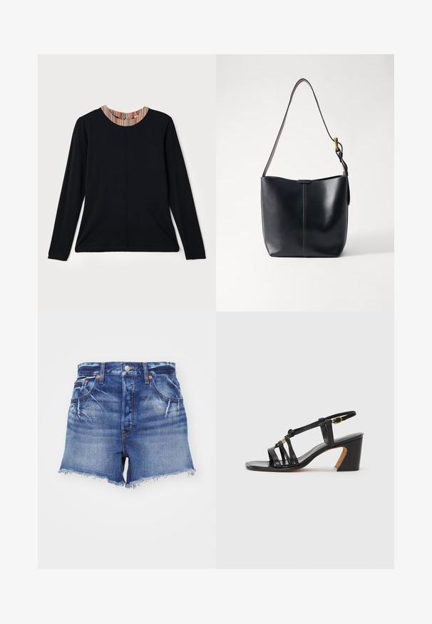 Top lungo nero a maniche lunghe con scollatura rotonda, caratterizzato da un accento multicolore a righe sul colletto. Tessuto liscio con una vestibilità comoda.; RE/DONE LOW SLUNG - Shorts di jeans - lightning; Paul Smith AMIRA - Decolleté - black; Borsa a spalla in pelle nera con una texture liscia, dotata di una sottile tracolla lunga e di un sottile dettaglio cucito al centro.