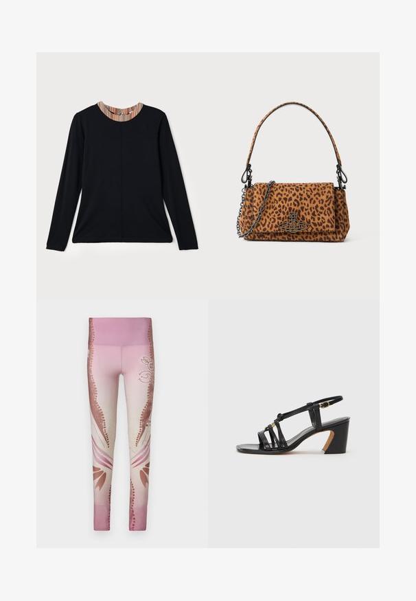 Black long-sleeve top with a round neckline featuring a multicolored striped accent at the collar. Smooth fabric with a relaxed fit.; Pink leggings featuring a gradient design from light to dark, with floral patterns and decorative accents on the sides. Smooth texture.; Paul Smith AMIRA - Classic heels - black; Leopard print handbag made of suede with a short handle, a chain strap, and a black hardware clasp. Rectangular shape with a flap closure.
