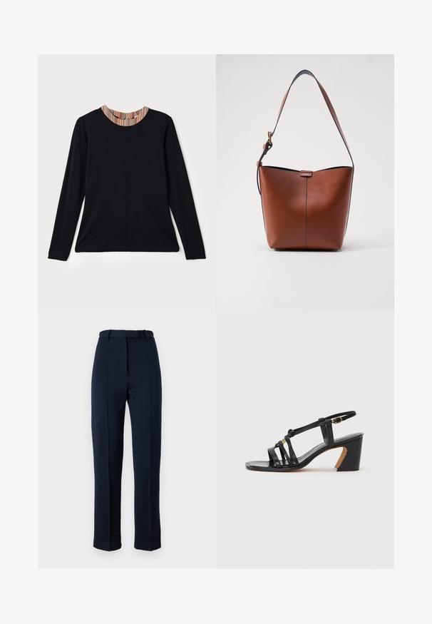 Zwarte lange mouw top met een ronde halslijn, voorzien van een multicolore gestreepte accent bij de kraag. Glad materiaal met een comfortabele pasvorm.; Navyblauwe, op maat gemaakte broek van textuurstof; heeft een taille met een riemlus en een centrale plooi aan de voorkant. Slanke, rechte pijpdesign.; Paul Smith AMIRA - Klassieke pumps - black; Bruine leren schoudertas met een gebogen vorm, gladde textuur en een enkele dunne schouderband. Heeft een subtiele naad en een klein logo-detail.