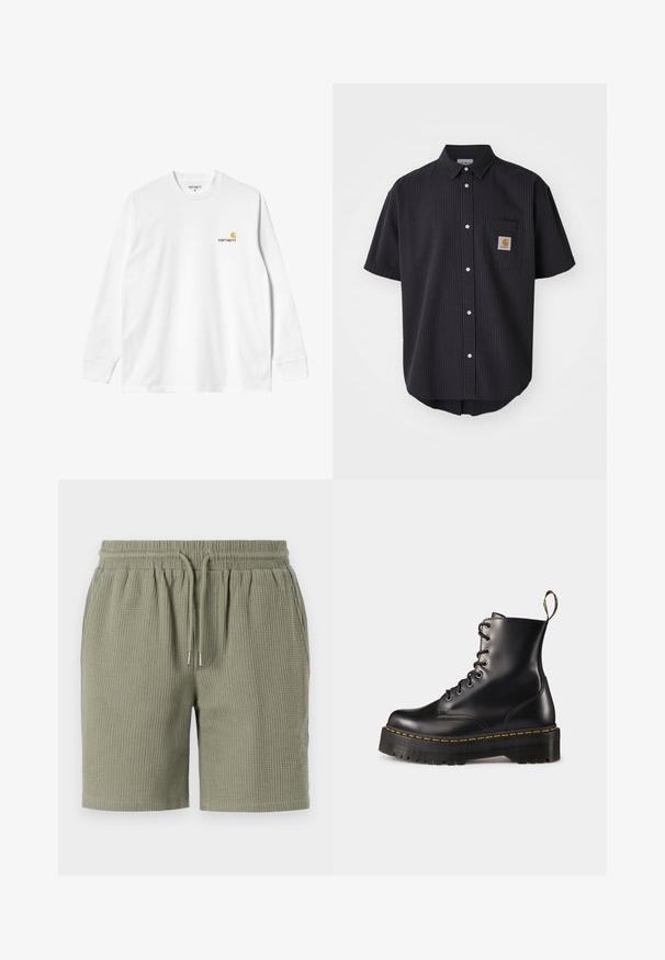 T-shirt en coton blanc à manches longues avec un col rond, arborant un petit logo jaune et bordeaux sur la poitrine gauche. Poignets et ourlet sans coutures.; Chemise à manches courtes, à boutons, en tissu texturé bleu marine foncé, dotée d'une poche poitrine à l'avant avec un patch logo carré et des boutons blancs.; Shorts en vert olive avec texture gaufrée, dotés d'une taille élastique, de liens à cordon et d'une coupe décontractée. Ourlet lisse au niveau des jambes.; Bottes chelsea en cuir noir avec lacets, à semelle épaisse noire et couture jaune. Comprend une anse à l'arrière et des œillets en métal circulaires.