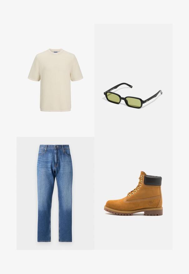 Camiseta de manga corta color crema en un patrón de punto texturizado. Presenta un cuello redondo y un dobladillo recto.; Jeans de mezclilla azul con un efecto de aclarado gradual hacia el dobladillo, diseño de pierna recta, cinco bolsillos y cierre de botón metálico.; Botín de ante marrón claro con collar acolchado negro, ojales de metal dorado, detalles de costura blanca y suela de goma resistente con tacos pronunciados.; Gafas de sol negras con un diseño angular, lentes de color verde y montura de plástico suave. Presentan acentos dorados en las patillas.