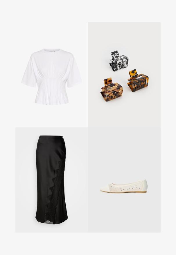 Hvit kortermet topp laget av myk stoff, med rund hals og rynket detalj ved midjen for en tettsittende look.; Svart satengskjørt med teksturert finish, blonder på den ene siden og rett silhuett. Inkluderer en diskret sidesplit og lukking.; Spiss tå ballettleestøvel i kremfarget skinn med gjennomsiktig overdel som har spredte rhinestones. Myk såle for komfort, minimalistisk design.; Tre hårnåler: en i svart og hvitt marmorert, to i skilpaddemønster i brune og svarte nyanser, alle laget av glansfull plast med en teksturert finish.