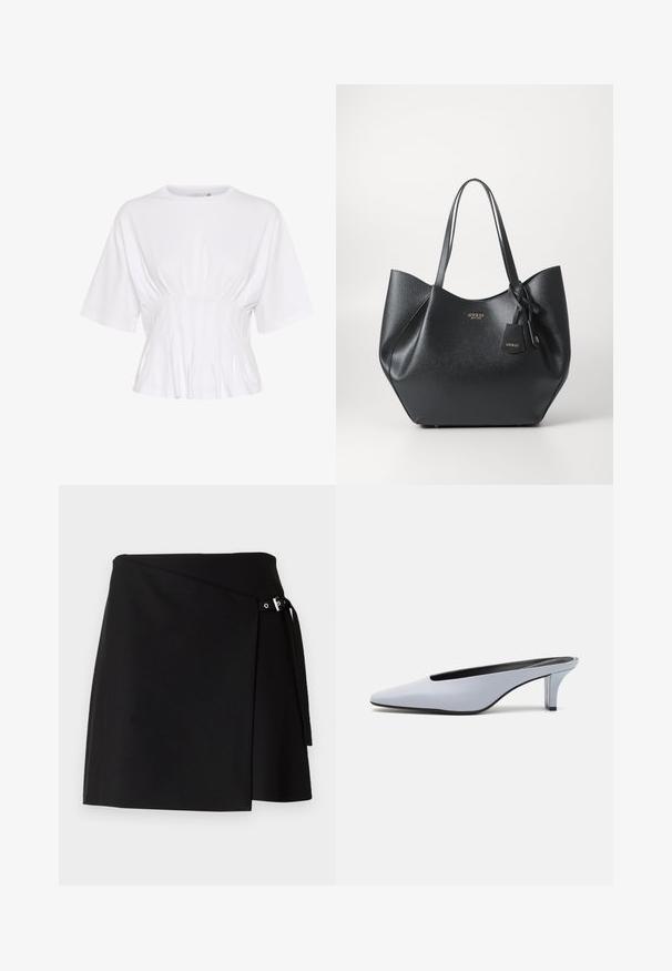 Haut blanc à manches courtes en tissu doux, avec un col rond et un détail froncé à la taille pour un look ajusté.; Jupe portefeuille noire en tissu texturé avec un détail de boucle sur le côté et une longue attache. Présente une coupe droite et des lignes épurées.; Mule en cuir verni bleu clair avec un orteil pointu, un petit talon transparent et un design épuré mettant en valeur une découpe au cou-de-pied.; Sac fourre-tout noir en matériau synthétique texturé avec une silhouette large, doté de poignées doubles et d'un détail de pendentif de marque.