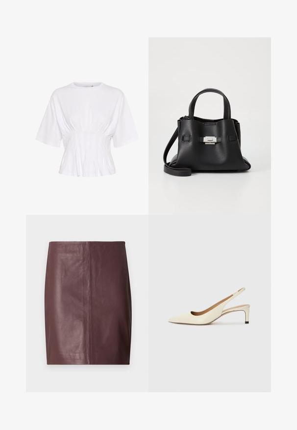 Bijela bluzica s kratkim rukavima, izrađena od mekane tkanine, s okruglim izrezom i naboranim detaljima na struku za prilagođen izgled.; Tamno smeđa kožna suknja u obliku olovke s ravnim, glatkim prednjim dijelom i suptilnim vertikalnim šavom niz sredinu.; Cipele s otvorenim petama u boji off-white, od kože, s uskim vrhom, niskom petom i izrezbarenim dizajnom, glatke teksture i minimalnim detaljima.; Crna kožna torba s teksturiranim završnim obradom, koja ima dva gornja ručka, odvojivu naramenicu i detalj s srebrnim kopčanjem.