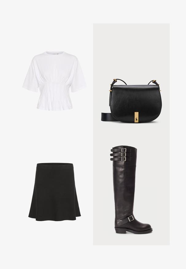 Bijela bluzica s kratkim rukavima, izrađena od mekane tkanine, s okruglim izrezom i naboranim detaljima na struku za prilagođen izgled.; Crna lepršava mini suknja od mekog materijala s glatkom teksturom i širokim pojasom. Ima jednostavan dizajn bez uzoraka ili akcenta.; Crne kožne čizme do koljena s zaobljenim vrhom, tri remenska kopče na vrhu i bočnim detaljem kopče. Ravni potplat i glatka tekstura.; Crna kožna torba preko ramena s zlatnim metalnim naglaskom i podesivim remenom, koja se odlikuje glatkom teksturom i zakrivljenim oblikom.