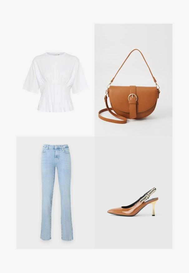 Fehér, rövid ujjú felső, puha anyagból készült, kerek kivágással és deréknál gyűrődésekkel a testhez simuló megjelenés érdekében.; Világoskék, magas derekú, egyenes szárú farmernadrág, elülső gombos és cipzáras záródással, öt zsebbel és enyhe kopott részletezéssel.; Barna lakkbőr slingback magassarkú cipő, hegyes orrú, vékony arany sarokkal, fekete belső résszel, logó részlettel ellátott szövet pánttal a hátoldalon.; Barna bőr keresztbody táska ívelt formával, aranyszínű fémrészekkel és csat díszítéssel. Levehető vállpánttal rendelkezik.