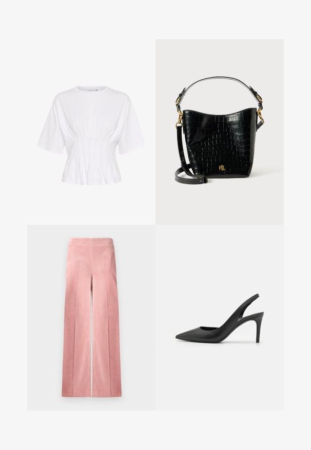 Weißes kurzärmliges Oberteil aus weichem Stoff, mit rundem Halsausschnitt und Raffung in der Taille für eine figurbetonte Passform.; Helle rosa, weit geschnittene Cordhosen mit vertikaler Rippung und einem taillierten Bund. Glatte Textur mit einer lässigen Silhouette.; Schwarze Leder Slingback High Heels mit einem spitzen Zehendesign, das an der Vorderseite ein Ausschnitt hat und einen dünnen Stilettoblock. ; Schwarze, krokodilgeprägte Lederhandtasche mit geschwungener Form, goldfarbenen Hardware-Akzenten, einem verstellbaren Riemen und einem Logodetail auf der Vorderseite.