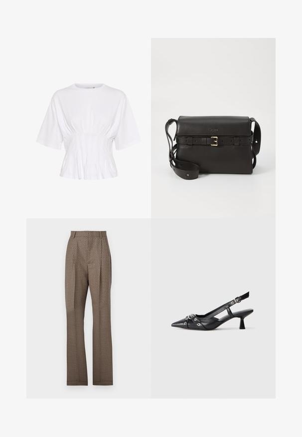 Valge lühikeste varrukatega topp pehmest kangast, ümmarguse kaelusega ja kokkutõmbumise detailidega vööl, et saavutada figureeriv välimus.; Pruunid mustriga püksid tekstuuriga viimistlusega, millel on kohandatud lõige, voldid ja sirged jalad. Kujunduses on geomeetriline muster.; Must must have must toote tõmblukuga, dekoratiivsed rihmad metallist silmadega ja madal blokk-kand. Tekstureeritud pind.; Must musta kott, millel on struktureeritud kuju. Omab kuldset prussi aktsenti, reguleeritavat rihma ja siledat tekstuuri. Minimalistlik disain.