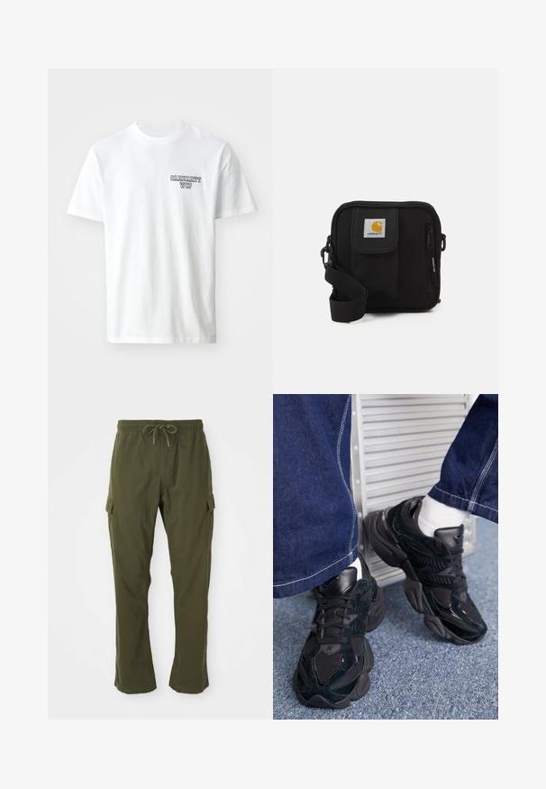 Weißes Baumwoll-T-Shirt mit Rundhalsausschnitt. Mit kleinem blauen Textlogo „CARHARTT WIP“ auf der linken Brust. Klassische Passform, kurze Ärmel.; Olivengrüne Cargo-Hosen mit Gummibund, Kordelzug und Seitentaschen. Der Stoff wirkt weich mit einer glatten Textur.; Schwarze Sneakers mit einer Kombination aus strukturierten und glatten Materialien, auffälliger Schnürung und einer massiven Sohle, kombiniert mit dunklen Jeans.; Schwarze Umhängetasche mit einem Reißverschluss-Hauptfach, einer Fronttasche, einem verstellbaren Tragegurt und einem sichtbaren Logo-Patch auf dem Deckel.