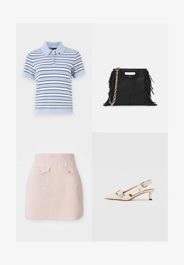 Striped polo shirt featuring light blue, white, and navy horizontal stripes, soft knit fabric, a collar, and three-button placket.; Pink skirt made of fabric with a smooth texture. Features two front pockets with flap closures and decorative stitching along the hem.; White leather slingback shoe with a pointed toe, small heel, and adjustable strap featuring a prominent silver buckle detail.; Black leather handbag with fringe details, gold chain shoulder strap, and a cut-out handle. Features logo placement on the front.
