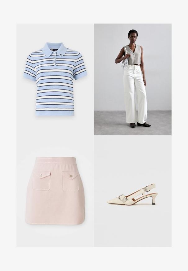Polo w paski w kolorach jasnoniebieskim, białym i granatowym, z poziomymi paskami, miękkiego dzianinowego materiału, z kołnierzykiem i trzema guzikami.; Różowa spódnica wykonana z materiału o gładkiej fakturze. Posiada dwie przednie kieszenie z klapkami oraz dekoracyjne przeszycia wzdłuż dołu.; Białe skórzane buty typu slingback z wydłużonym noskiem, niewielkim obcasem i regulowanym paskiem z wyraźnym, srebrnym zapięciem.; Szary krótki kamizelka z guzikami, zestawiona z białymi szerokimi spodniami dżinsowymi i czarnymi płaskimi butami. Uzupełniona o małą srebrną torebkę z frędzlami.