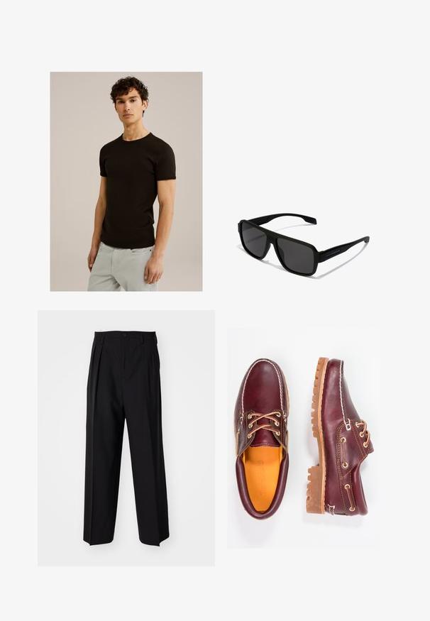 Crna majica s kratkim rukavima s okruglim izrezom, izrađena od glatkog, rastezljivog materijala. Kroja je uskog fit-a, dizajnirana da se prilagođava tijelu.; Crne plisirane hlače s ravnim širokim nogavicama. Izrađene od glatkog materijala, s dugmadi za zatvaranje i petljama za remen.; Burgundske kožne cipele s smešnim gumenim potplatima, okruglim vrhom, bijelim šavovima i zlatnim rupama za vezivanje. Unutrašnjost ima žutu podstavu.; Hawkers PARLAY - Sunčane naočale - black