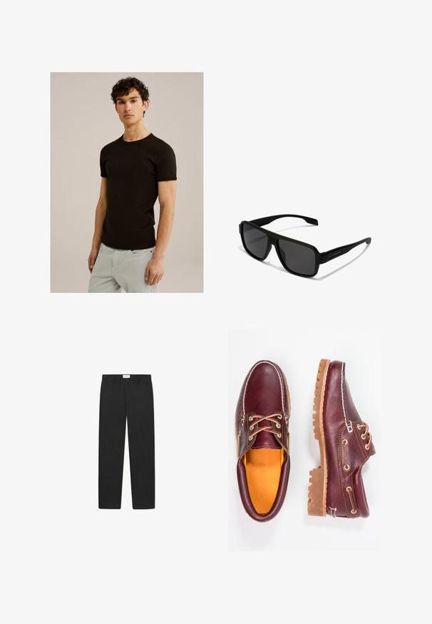 Zwarte korte mouwen t-shirt met een ronde halslijn, gemaakt van een gladde, rekbare stof. De pasvorm is slim, ontworpen om dicht tegen het lichaam aan te zitten.; Zwarte broek met een recht gesneden ontwerp, gemaakt van stof met een gladde textuur, voorzien van twee zijzakken en een standaard tailleband.; Bordeaux leren schoenen met bruine rubberen zolen, ronde neus, witte stiksels en gouden veterogen. Het interieur heeft een gele voering.; Hawkers PARLAY - Zonnebril - black
