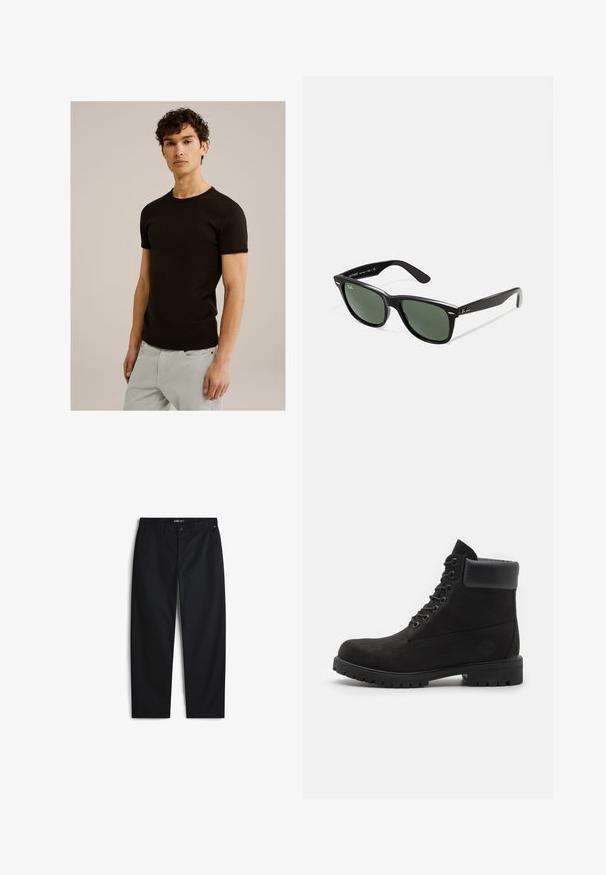 T-shirt nero a maniche corte con scollatura rotonda, realizzato in un tessuto morbido ed elastico. La vestibilità è slim, progettata per aderire al corpo.; Pantaloni neri realizzati in tessuto misto cotone, con un design a gamba dritta, tasche laterali e chiusura con bottone. Nessun motivo o logo visibile.; Stivale alla caviglia nero con lacci, colletto imbottito e suola robusta, mostrato in profilo su uno sfondo bianco.; Occhiali da sole in plastica nera con lenti verdi, montatura quadrata, dettaglio argento sulla parte superiore e steli con texture. Marchio indicato sulla parte interna dello stelo.