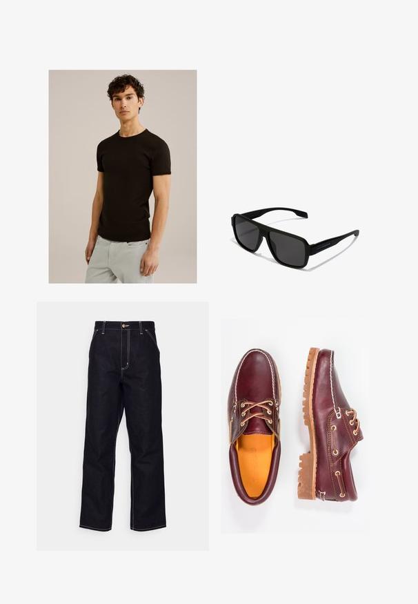 Mustat lyhythihaiset t-paidat, joissa on pyöreä pääntie, on valmistettu sileästä ja joustavasta kankaasta. Istuvuus on slim, suunniteltu istumaan tiiviisti vartalon lähellä.; Mustat farkut suoranlahkeisella muotoilulla, kontrastin valkoisella ompeleella, nappisulkimella ja kahdella etutaskulla.; Burgundin nahkakengät ruskeilla kumipohjilla, pyöreällä kärjellä, valkoisella ompelulla ja kultaisilla nauha-aukkoilla. Sisäpuolella on keltainen vuori.; Hawkers PARLAY - Aurinkolasit - black