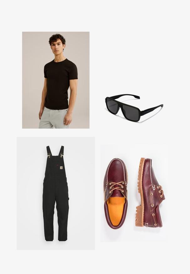 Melnā īsām piedurknēm T-krekls ar apaļu kakla izgriezumu, izgatavots no gludas, elastīgas auduma. Piegriezums ir sašaurināts, paredzēts, lai cieši pieguļ ķermenim.; Melni kokvilnas romperi ar regulējamiem siksnām, priekšējo kabatu ar logo uzlīmi un divām sānu kabatām ar brīvu piegriezumu.; Burgundijas krāsas ādas apavi ar brūniem gumijas zole, apaļiem purngalu, baltu šuvumu un zelta caurumiem. Iekšpusei ir dzeltena oderējums.; Hawkers PARLAY - Saulesbrilles - black