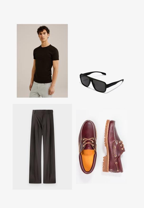 Čierne tričko s krátkym rukávom a okrúhlym výstrihom, vyrobené z hladkého a elastického materiálu. Strih je priliehavý, navrhnutý tak, aby sa prispôsobil telu.; Široké nohavice z tmavohnedej látky. Majú hladkú štruktúru, pevný pás a jemné predné skladania.; Bordové kožené topánky s hnedými gumovými podrážkami, okrúhlou špičkou, bielym prešívaním a zlatými kovaniami. Interiér má žlté podšívku.; Hawkers PARLAY - Slnečné okuliare - black