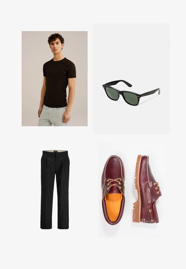 Zwarte korte mouwen t-shirt met een ronde halslijn, gemaakt van een gladde, rekbare stof. De pasvorm is slim, ontworpen om dicht tegen het lichaam aan te zitten.; Zwarte op maat gemaakte broek met een platte voorkant, twee zijzakken, een gladde textuur en een rechte pijp. Voorzien van riemlussen voor extra stijl.; Bordeaux leren schoenen met bruine rubberen zolen, ronde neus, witte stiksels en gouden veterogen. Het interieur heeft een gele voering.; Zwarte plastic zonnebril met groene lenzen, vierkante montuur, zilveren accent op de wenkbrauw en een gestructureerde tempel. Merken vermeld op de binnenkant van de arm.