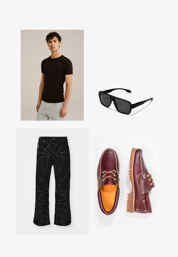 T-shirt noir à manches courtes avec un col rond, fabriqué dans un tissu lisse et extensible. La coupe est ajustée, conçue pour épouser le corps.; Pantalons noirs avec des coutures abstraites blanches. Comprend des poches standard, une fermeture à bouton et une coupe droite. Tissu texturé.; Chaussures en cuir bourgogne avec semelles en caoutchouc marron, bout rond, couture blanche et œillets dorés. L'intérieur présente une doublure jaune.; Hawkers PARLAY - Lunettes de soleil - black