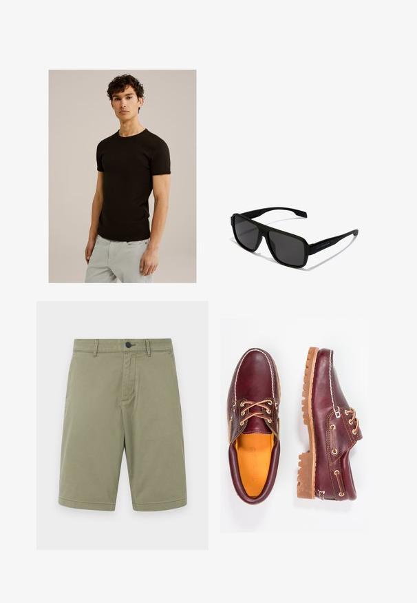 Camiseta negra de manga corta con escote redondo, hecha de una tela suave y elástica. El corte es ajustado, diseñado para ceñirse al cuerpo.; Pantalones cortos de color caqui, confeccionados en algodón, con trabillas para cinturón, un botón en la parte frontal y un diseño de frente plano con un acabado limpio y sin bolsillos.; Zapatos de cuero burdeos con suelas de goma marrón, puntera redonda, costuras blancas y ojales dorados. El interior cuenta con un forro amarillo.; Hawkers PARLAY - Gafas de sol - black