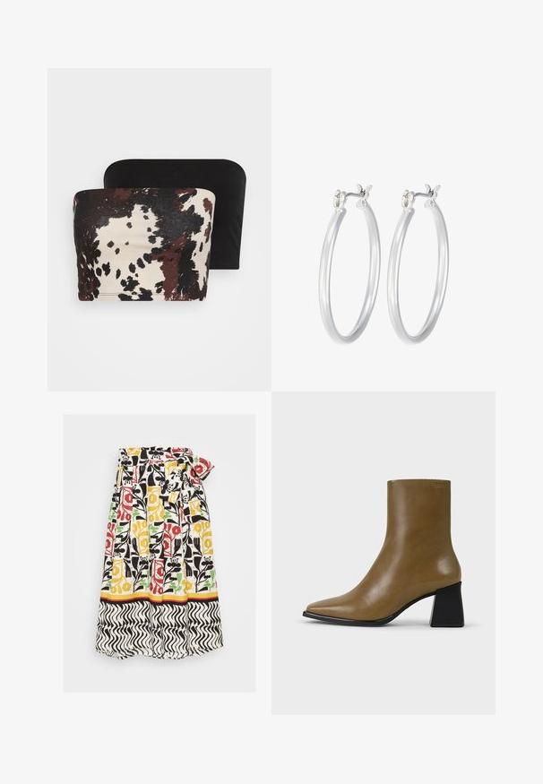 Kaks kätist tipp: üks on pruuni ja kreemika abstraktse loomaprindi motiiviga, teine on must. Mõlemad on valmistatud pehmest kangast.; Lillakujuline seelik, millel on kortsud, sisaldab punase, kollase, rohelise ja musta värvi valgel taustal. Seeliku põhjaks on musta ja valge laineline äär.; Pruun nahast pahkluu saapad terava näpuga, sileda disaini ja tekstureeritud viimistlusega. Omab kontrastselt musta plokk-kanna.; Hõbedased rõngaskõrvarõngad, millel on sile, läikiv viimistlus. Ümmargune kuju ja turvaline klõpsulatus. Kerge disain, sobib igapäevaseks kandmiseks.