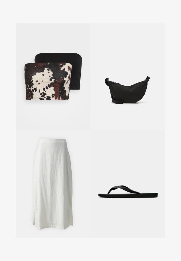 Dvoje bezramenných topov: jedna má hnedo-krémovú abstraktnú zvieraciu potlač, zatiaľ čo druhá je jednofarebná čierna. Obe sú vyrobené z mäkkého materiálu.; GAP PULL ON SKIRT - Maxisukňa - new off white; Čierne gumené žabky s textúrovaným popruhom a jednoduchou plochou podrážkou, zobrazené z boku na jednofarebnom svetlom pozadí.; Čierna látková crossbody taška s zakriveným tvarom, so zipsovým uzáverom, nastaviteľným popruhom a malou bočnou kapsou na ďalšie uloženie.