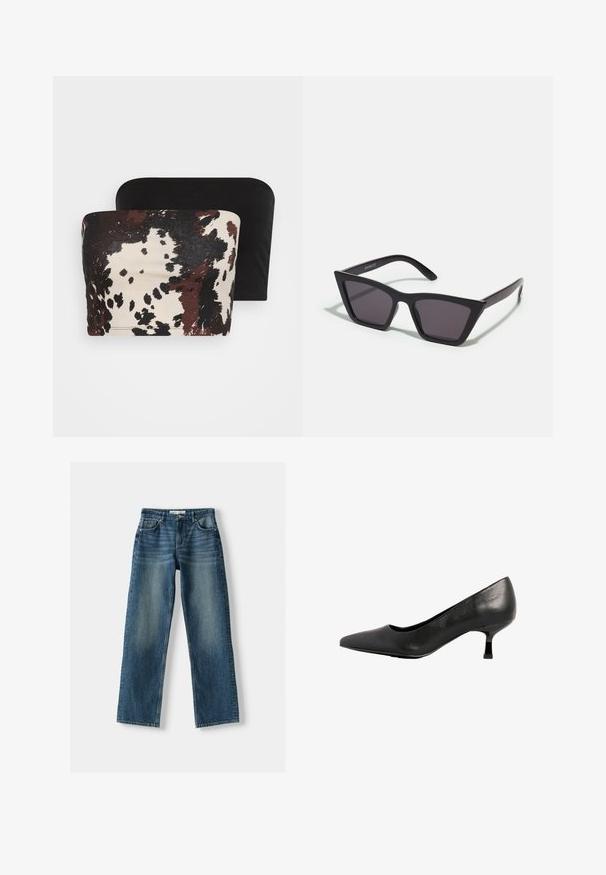 Dvě bezramínkové topy: jeden má hnědo-krémový abstraktní zvířecí potisk, zatímco druhý je čistě černý. Oba jsou vyrobeny z měkké tkaniny.; Modré džíny z denimu s rovnými nohavicemi, zapínáním na knoflík, pěti kapsami a vybledlými oblastmi. Materiál se zdá být odolný s texturovaným povrchem.; Černá kožená lodička na vysokém podpatku s špičatou špičkou a nízkým čtvercovým podpatkem. Povrch je hladký s minimálním zdobením.; Černé, ostré sluneční brýle s šedými skly; vyrobené z plastu, s mohutnými rameny a hladkým povrchem bez viditelného hardwaru.