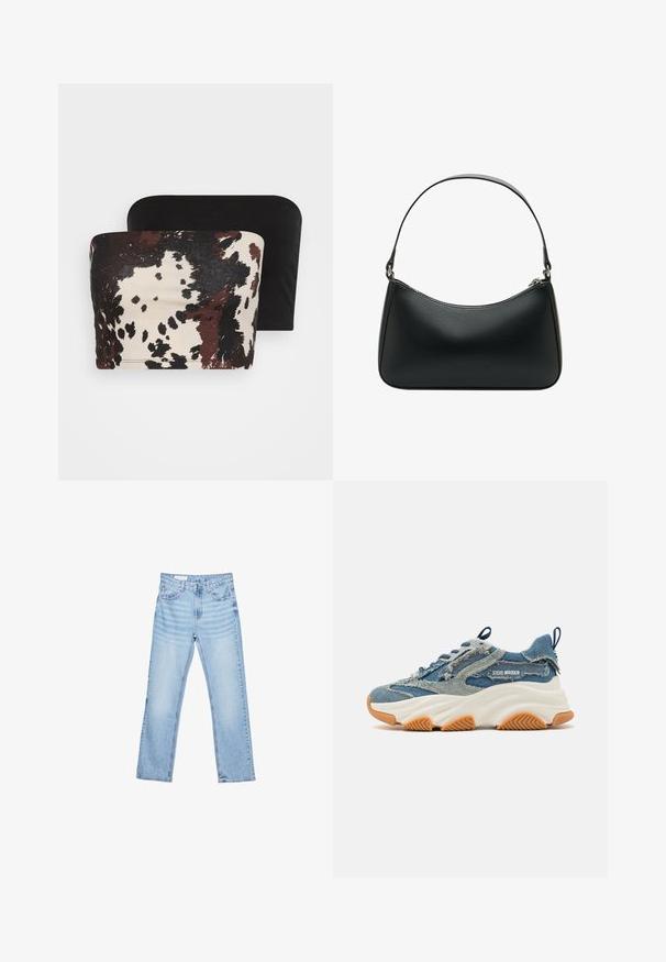 Due top con spalline: uno presenta una stampa animalier astratta marrone e crema, mentre l'altro è di un nero uniforme. Entrambi sono realizzati in tessuto morbido.; Jeans in denim azzurro chiaro con taglio dritto, design a cinque tasche e cuciture visibili. Vita a media altezza con chiusura classica a bottone e zip.; Sneaker in denim con un design a strati blu, dettagli sfrangiati, una suola spessa bianca e una suola in gomma marrone per una buona aderenza.; Borsa a spalla in pelle nera con forma curvata, una tracolla piatta singola e chiusura con zip superiore. Texture liscia con dettagli hardware minimi.