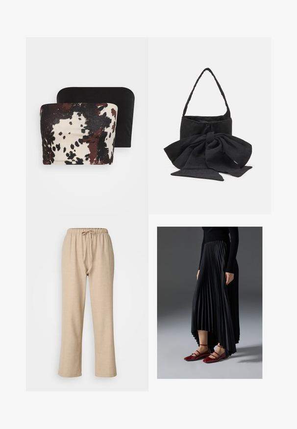 Two strapless tops: one features a brown and cream abstract animal print, while the other is solid black. Both are made of soft fabric.; ONLY Petite ONLAMAHLE STRAIGHT PULL UP - Trousers - pumice stone; Black pleated skirt with a high-low hem, paired with glossy red flats featuring a strap design. The fabric has a smooth texture.; Black fabric handbag featuring a tied bow accent, rounded shape, textured surface with small patterns, and a single, thin handle.