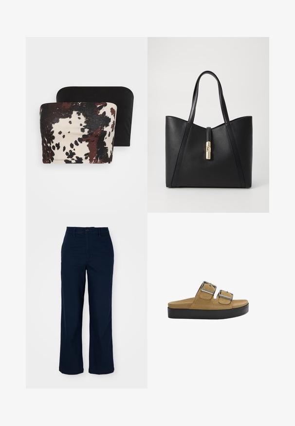 Dva topa bez naramenica: jedan ima smešasti i kremasti apstraktni životinjski uzorak, dok je drugi potpuno crn. Oba su napravljena od mekanog materijala.; Tamno plave široke hlače od pamuka s dugmetom, prednjim džepovima i suptilnim detaljima šivanja. Krojačka obrada za udobnost.; Smeđe nubuk platforme sandale s dva podesiva srebrna kopčanja, ravnim crnim potplatom i minimalističkim dizajnom.; Crna kožna torba na rame s strukturiranim dizajnom i zlatnim detaljima brave. Ima dva ručka i kutne strane, pružajući elegantan siluet.