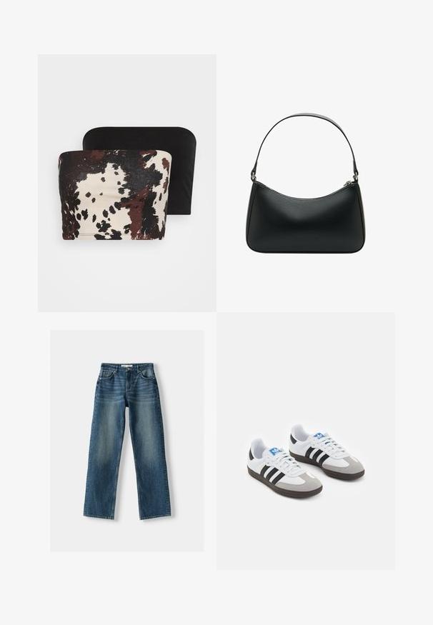 Zwei trägerlose Oberteile: Eines hat ein braun- und cremefarbenes, abstraktes Tiermuster, während das andere einheitlich schwarz ist. Beide sind aus weichem Stoff gefertigt.; Blaue Jeans aus Denim mit geradem Bein, Knopfverschluss, fünf Taschen und verwaschenen Stellen. Das Material wirkt robust mit einer strukturierten Oberfläche.; Sportschuhe mit einem Obermaterial aus weißem Leder, grauer Wildleder-Zehenkappe und drei schwarzen Streifen. Sie verfügen über ein blaues Logo auf der Zunge und eine strukturierte Gummisohle.; Schwarze Leder-Schultertasche mit geschwungener Form, einem flachen Tragegurt und einem oberen Reißverschluss. Glatte Textur mit minimalen Hardwaredetails.