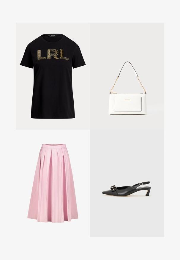 Juodas medvilninis marškinėliai trumpomis rankovėmis, su auksiniu siuvinėtu „LRL“ tekstu priekyje. Apvalus iškirpimas, laisvas fasonas, glotni tekstūra.; Rožinė plisuota midi sijonas su laisvu siluetu, pagamintas iš lengvos medžiagos, turintis juosmenį ir paslėptą užtrauktuką nugaroje.; Juodas odinis slingback batelis su smailiu nosiu, maža pakulne ir dekoratyvine sagtimi viršuje. Lygus paviršius, minimalistas dizainas.; Balta odinė rankinė su tekstūruotu paviršiumi, turinti auksinį grandinėlės dirželį ir juodas detales. Įskaičiuota priekinė kišenė ir užtrauktuko uždarymas.