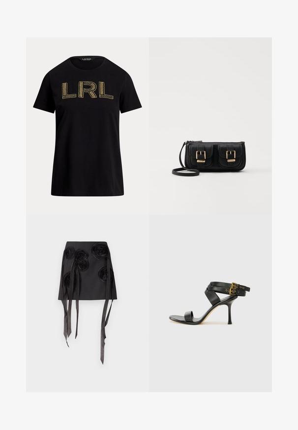 Juodas medvilninis marškinėliai trumpomis rankovėmis, su auksiniu siuvinėtu „LRL“ tekstu priekyje. Apvalus iškirpimas, laisvas fasonas, glotni tekstūra.; Juodas sijonas su trimatėmis gėlinių aplikacijų detalėmis, ilgomis, sklandžiomis satino juostelėmis. Medžiaga turi lygią tekstūrą ir struktūrizuotą dizainą.; Juodi kulniškų sandalai su kryžminėmis juostelėmis ir reguliuojamu sagtimi. Ypatybė – lygus paviršius ir siauras smailas kulnas.; Juodas odinis per petį nešiojamas krepšys su dviem priekiniais kišenėmis, auksiniais sagtimis, užtrauktuko uždarymu ir siauromis petnešomis. Textūruota paviršius ir kompaktiškas stačiakampis formatas.