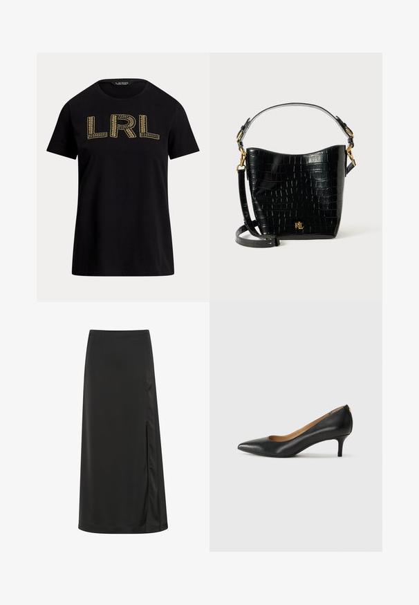 Čierne bavlnené tričko s krátkymi rukávmi so zlatou vyšívanou textúrou "LRL" na prednej strane. Okrúhly výstrih, uvoľnený strih, hladká textúra.; Čierna midi sukňa vyrobená z hladkej tkaniny, ktorá má bočný rozparok a rovný strih s jemným leskom. Prispôsobený lem.; Čierny kožený podpatek s špicatou špičkou, nízkym opätkom a hladkým povrchom. Obsahuje mierne otvorenie vpredu a minimálne kovové detaily na zadnej strane.; Čierna kabelka z kože s embosovaným hadím vzorom, zakriveného tvaru, so zlatými kovovými doplnkami, nastaviteľným popruhom a detailom loga na prednej strane.