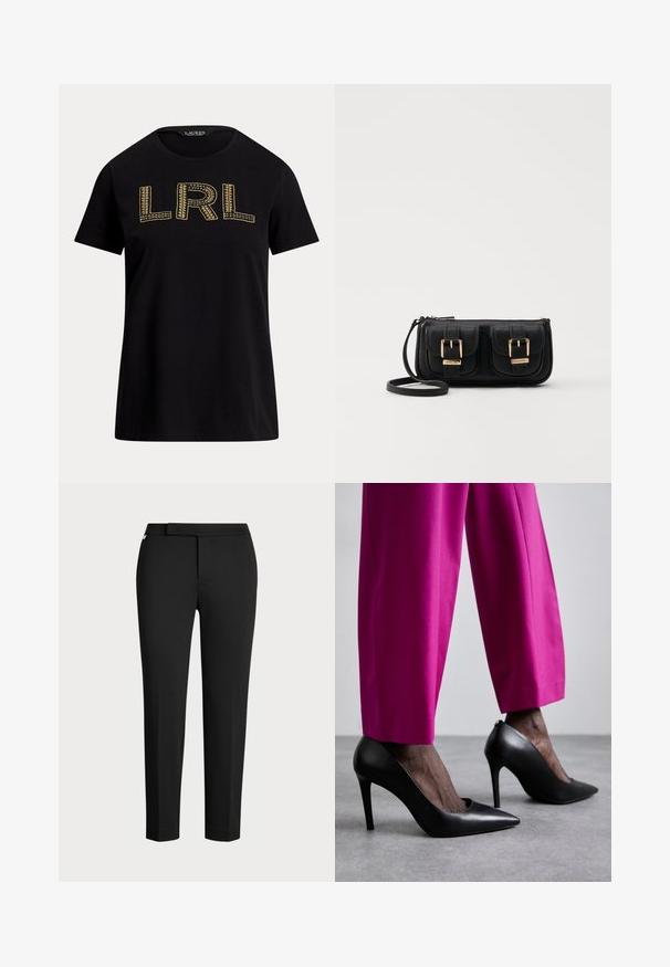 Crna pamučna majica s kratkim rukavima sa zlatnim izvezenim "LRL" natpisom sprijeda. Okrugli izrez, opušteni kroj, glatka tekstura.; Crne sužene hlače napravljene od rastezljivog materijala, s ravnim pojasom, bočnim džepovima i glatkom, mat teksturom. Nema vidljivih kopčanja.; Crne cipele na visokom petu s dizajnom šiljastog prsta i glatkom kožnom teksturom. Uparene s živopisnim ružičastim, krojenim hlačama.; Crna kožna torba preko ramena s dva prednja džepa, zlatnim kopčama, zatvaranjem na zip i uskim remenom. Teksturirana površina i kompaktan pravokutan oblik.