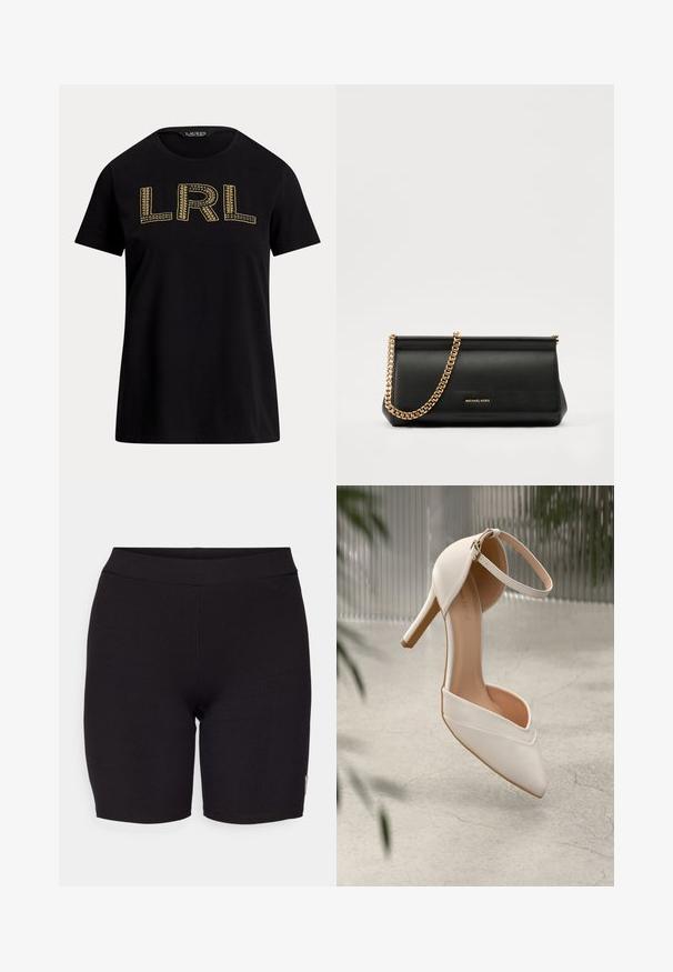Svart bomull T-skjorte med korte ermer, prydet med gullbrodert "LRL"-tekst på forsiden. Rund hals, avslappet passform, glatt tekstur.; Sorte ribbede sykkeltights med en tettsittende design og en glatt midjebånd. Har diskret søm og en liten logo-merkelapp på siden.; Hvit høyhælte sko i glatt materiale med spiss tå og ankelreim. Har en lys tan interiør og detaljer i gullfarge.; Svart skinnkuvertveske med en gullkjede-rem, med en glatt tekstur, rektangulær form og preget merkevare på forsiden.