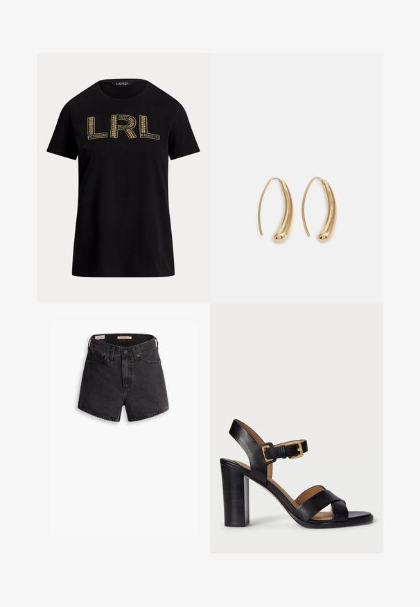 T-shirt en coton noir à manches courtes avec un texte "LRL" brodé en or sur le devant. Encolure ronde, coupe décontractée, texture douce.; Shorts en denim noir taille haute, avec une fermeture à bouton sur le devant, quatre poches et une finition légèrement déchirée.; Sandales à talons en cuir noir avec un design à lanières croisées et une fermeture à boucle. Elles possèdent un talon épais et une texture lisse.; Boucles d'oreilles en métal doré en forme d'anneau, avec une forme courbée et allongée. Elles présentent une surface lisse et brillante avec une pointe arrondie pour un détail supplémentaire.