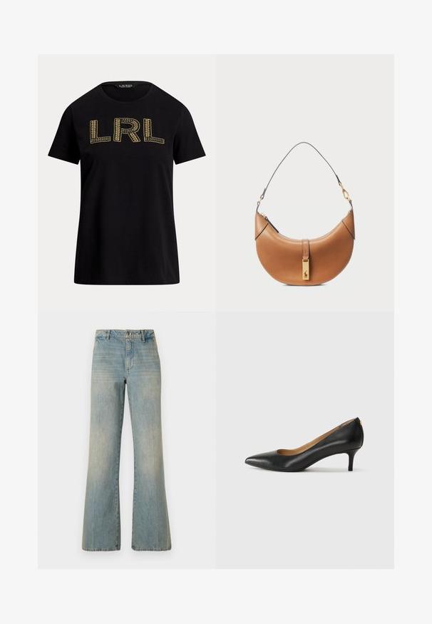 Juodas medvilninis marškinėliai trumpomis rankovėmis, su auksiniu siuvinėtu „LRL“ tekstu priekyje. Apvalus iškirpimas, laisvas fasonas, glotni tekstūra.; Šviesiai mėlynos džinsinės plačių kojų kelnės su aukštu liemeniu, sagčių uždarymu ir nudžiuvusiu tekstūru. Yra klasikinis penkių kišenių dizainas ir tiesūs šlaunys.; Juodos odinės aukštakulnės bateliai su smailiu nosiu, žemu kulnu ir lygiu paviršiumi. Priekyje yra nedidelis atvirumas, o gale minimalus apdaila.; Šviesiai rudos odos rankinė su kreiva forma, auksiniais aksesuarais ir plonu petiniu diržu. Yra užtrauktuko uždarymas ir logotipo detalė priekyje.