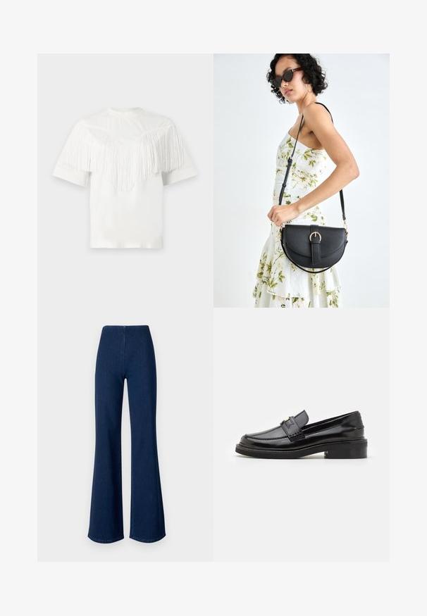 Valge t-särk, mille rinnas on fringing disain, lühikesed varrukad ja ümar kaelus, valminud pehmest kangast.; Tumedatest sinistest flöödidest teksad, mis on valmistatud denimist ja neil on elastne vöökoht. Omavad siledat tekstuuri ja laia jala disaini, mis ulatub hemsse.; Mustast lakklehestest valmistatud mokasenid, millel on sujuv viimistlus, esiosas tikkimisdetail ja madal plokknina, mis pakub toetust. Rihmal kullatooniline aksessuaar.; Mustmust mustraha kõverate joontega, eemaldatava rihmaga ja kuldsete detailidega. Kotil on klapp, millel on pandladetail.