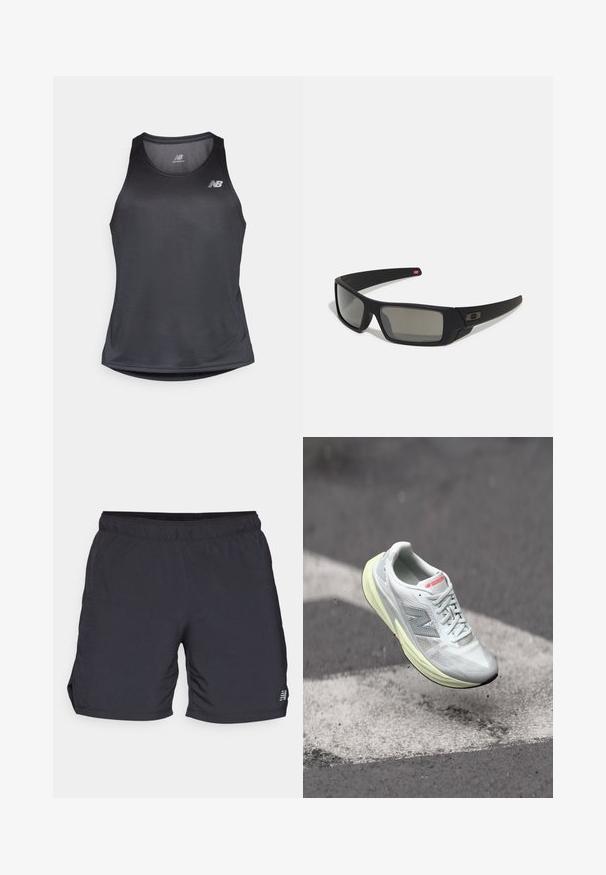 Musta urheilullinen toppi, joka on valmistettu kosteutta siirtävästä kankaasta. Siinä on pyöreä pääntie ja hienovarainen raidoitettu pinta, sekä valkoinen logo rinnassa.; Mustat urheilushortsit, jotka on valmistettu kevyestä kankaasta. Niissä on joustava vyötärö ja sivuhalkiot liikkuvuuden parantamiseksi. Minimimerkintä sivuilla.; Kevyt juoksukenkä valkoisella verkkomateriaalilla, keltaisella välipohjalla ja harmailla yksityiskohdilla. Varustettu erottuvalla 'N' -logolla ja rakenteellisella pinnalla.; Mustat aurinkolasit matta-pinnalla, suorakulmaiset linssit, hieman kaarevat tempaukset, hienovarainen logo-yksityiskohta ja savunväriset linssit.
