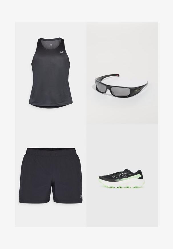 Top atlético negro sin mangas, fabricado con tejido que absorbe la humedad, con un escote redondo y una sutil textura acanalada, adornado con un logo blanco en el pecho.; Bermudas deportivas negras con una cinturilla elástica, fabricadas en un tejido ligero y con un logo discreto en la parte inferior izquierda. Textura suave.; Zapato deportivo negro con una parte superior de malla, acentos verdes, un logotipo blanco prominente y una suela blanca texturizada que presenta un patrón de agarre multidireccional.; Gafas de sol envolventes negras de Oakley con lentes rectangulares oscuros y brazos curvados sobre un fondo blanco liso.