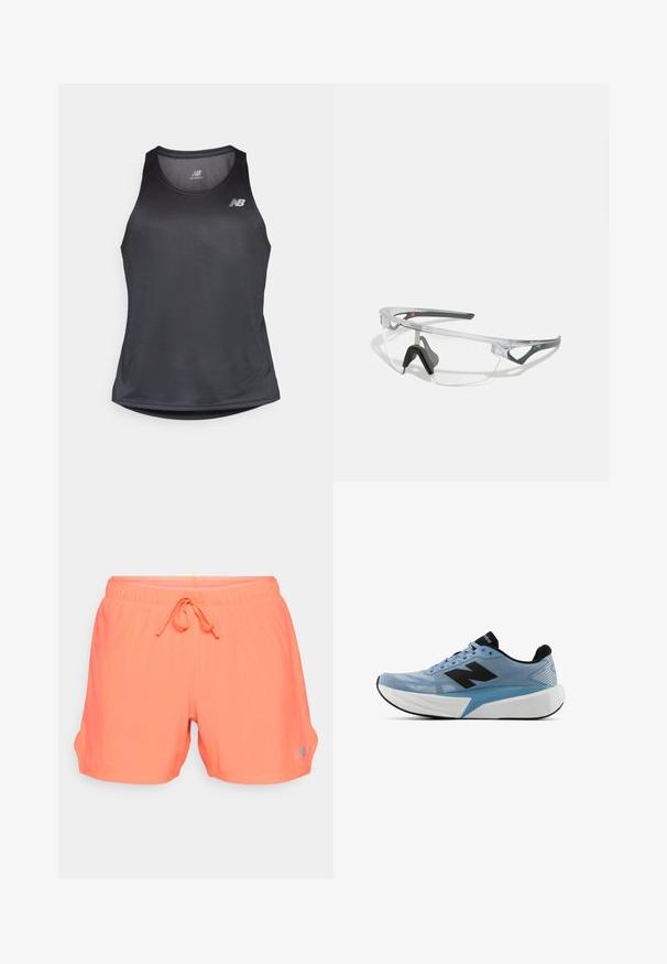 Svart treningstopp i fukttransporterende stoff, med rund hals og subtil ribbestruktur, og med en hvit logo på brystet.; Neon orange treningsshorts med en pustende mesh tekstur, elastisk midjebånd med snøring, og sidelommer. Sølvlogo detalj på venstre side.; Lys blå løpesko med svart logo, tykk hvit såle og svart innside, sett fra siden mot en hvit bakgrunn.; Klare sikkerhetsbriller med en lett, gjennomsiktig ramme og grå detaljer. Har en innpakket design og justerbar nesestykke.