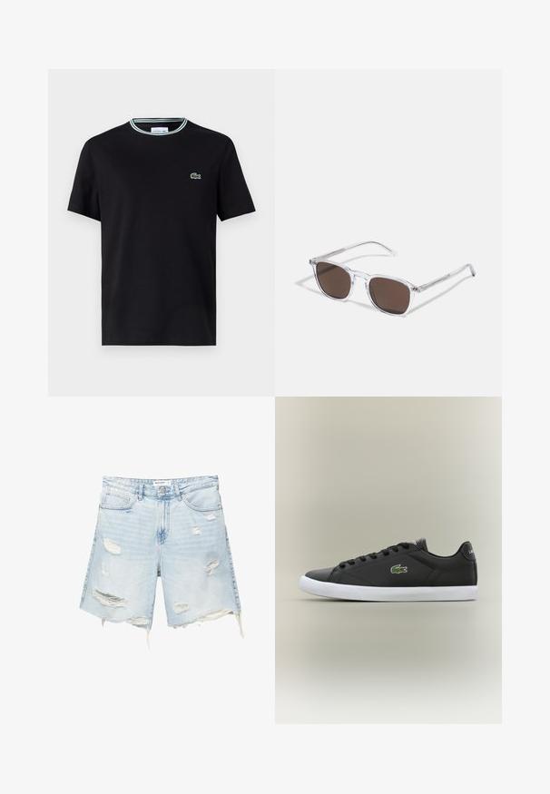 Črna bombažna majica s kratkimi rokavi in okroglim izrezom, ki ima beli in zeleni pas na robovih ter vezeno zeleno krokodilovo logo na levem prsnem delu.; Svijetloplave traper kratke hlače s ispucalim detaljima, strgano rubno završavanje, pet džepova, metalno dugme za zatvaranje i petlje za remen. Opušteni, ležeran kroj.; Črne usnjene superge z belo gumijasto podplatom, z zelenim krokodiljim logotipom in okroglimi vezalkami, elegantna zasnova z gladko teksturo.; Jasne plastične naočale s pravokutnim smeškim lećama, koje imaju tanke, prozirne drške i metalne detalje na sljepoočnicama.